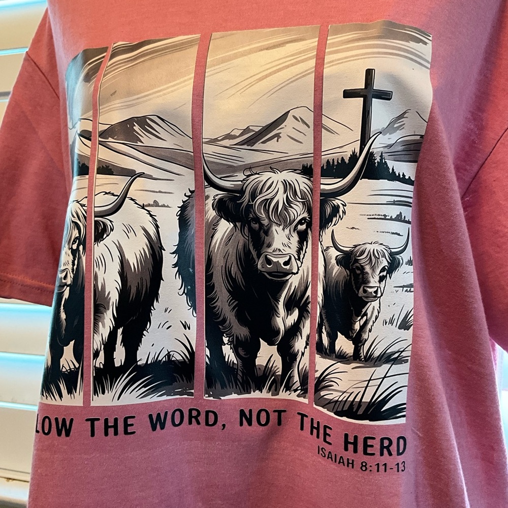 Longhorn Highland Cattle Cow Tee in Dusty Rose Christian Large